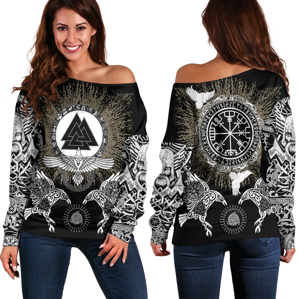 Viking Women's Off Shoulder Sweater Raven, Valknut and Vegvisir RLT12 - Wonder Print Shop