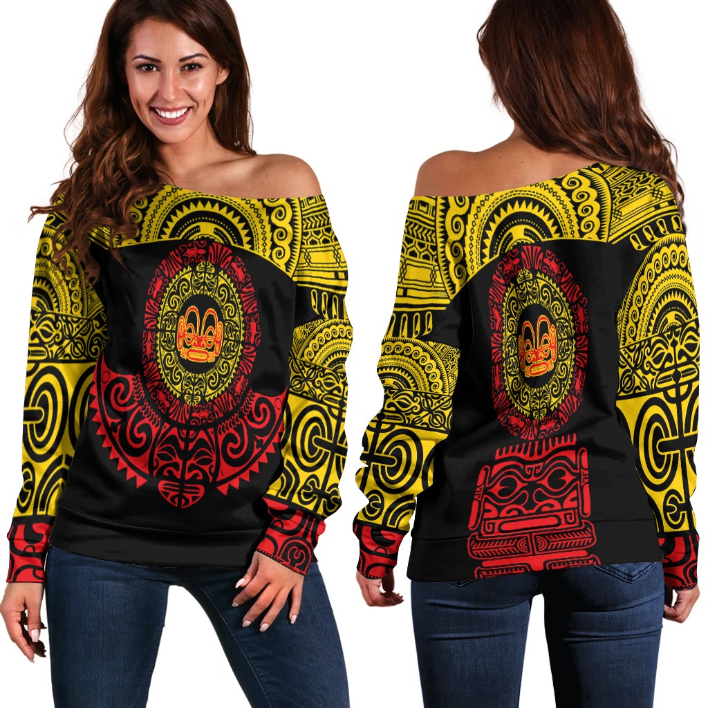 Womens off-shoulder top, yellow with black and red tribal face print
