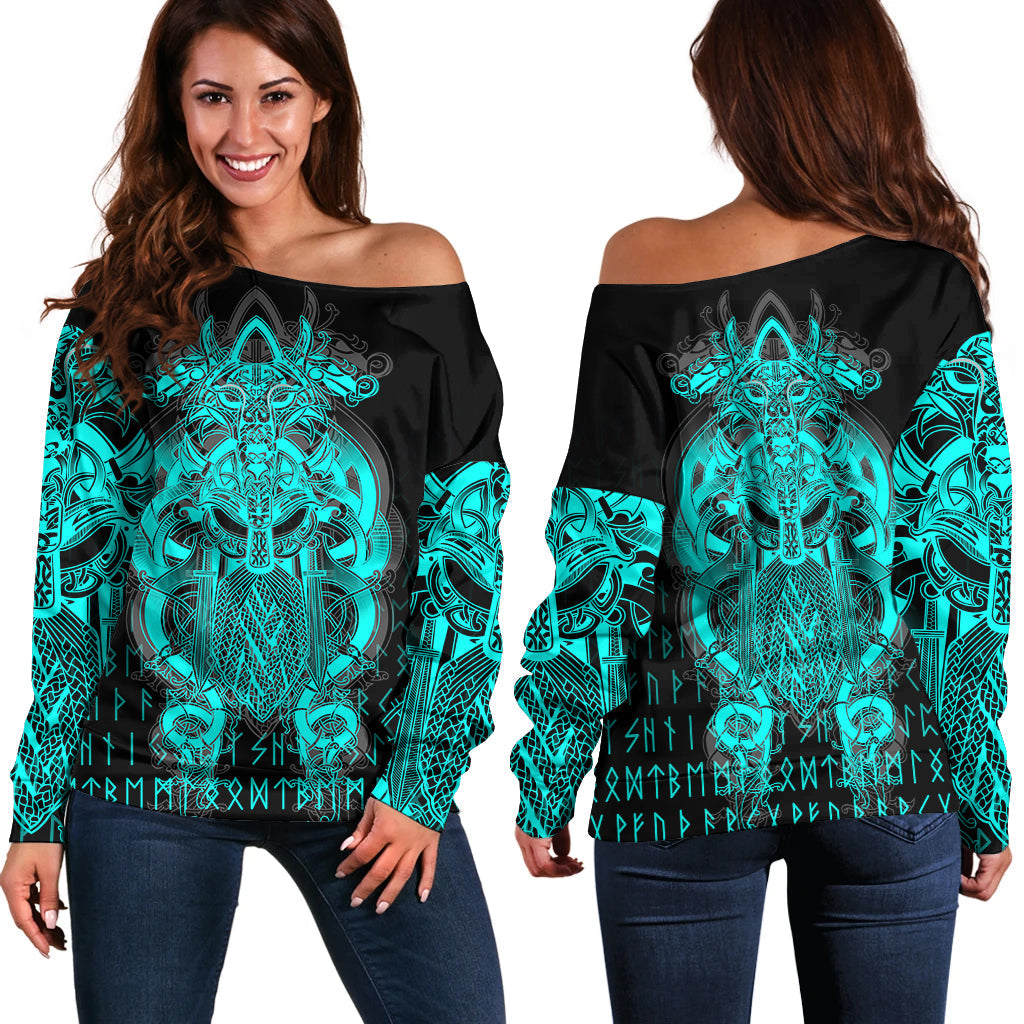 Viking Tyr Tattoo Cyan Women's Off Shoulder Sweater RLT12 - Wonder Print Shop