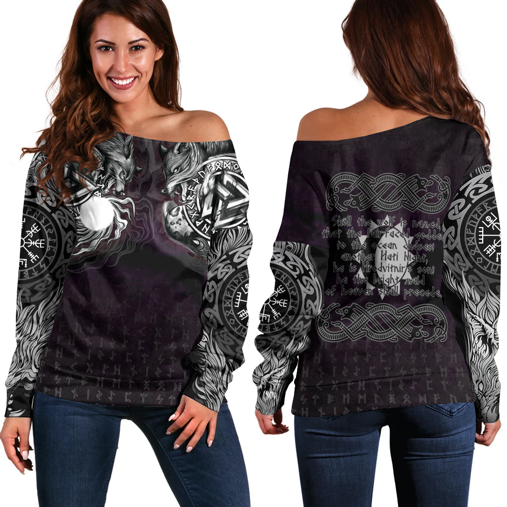 Viking Off Shoulder Sweater - Hati and Skoll Valknut RLT12 - Wonder Print Shop