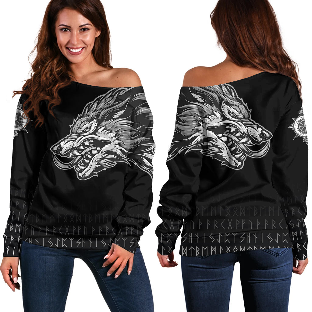 Viking Women's Off Shoulder Sweater Fenrir Wolf Near Shoulder RLT12 - Wonder Print Shop
