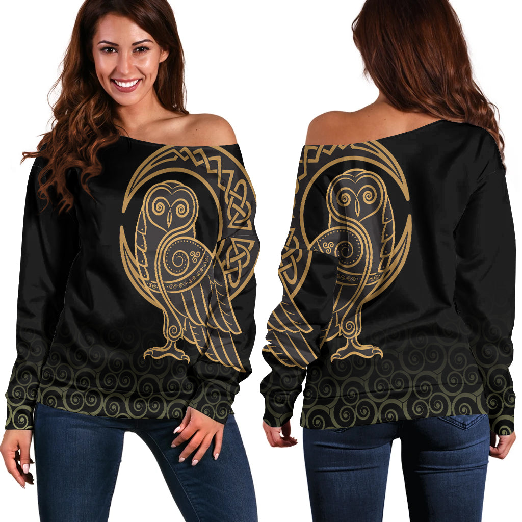 Viking Women's Off Shoulder Sweater Owl Celtic On Triskele Background RLT12 - Wonder Print Shop