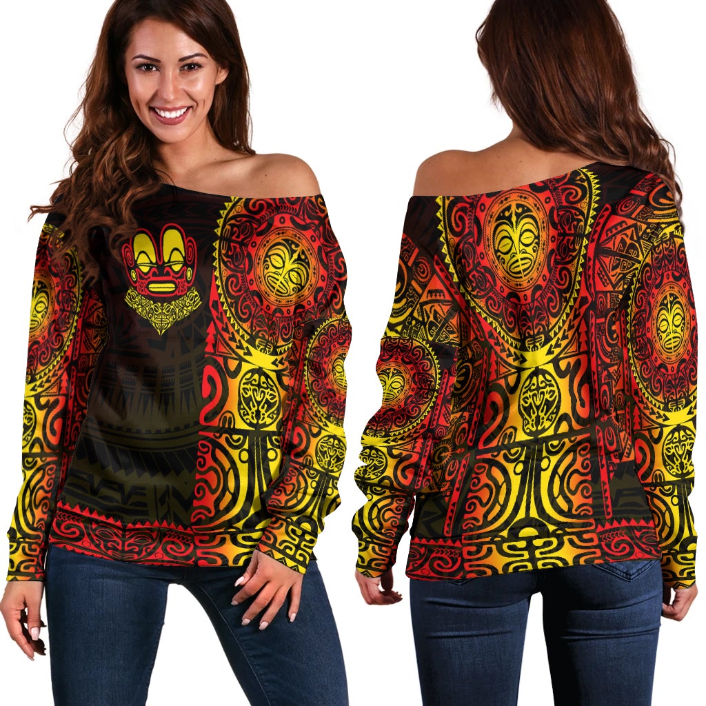 Women off-shoulder long-sleeve top with multicolor Polynesian tattoo graphic