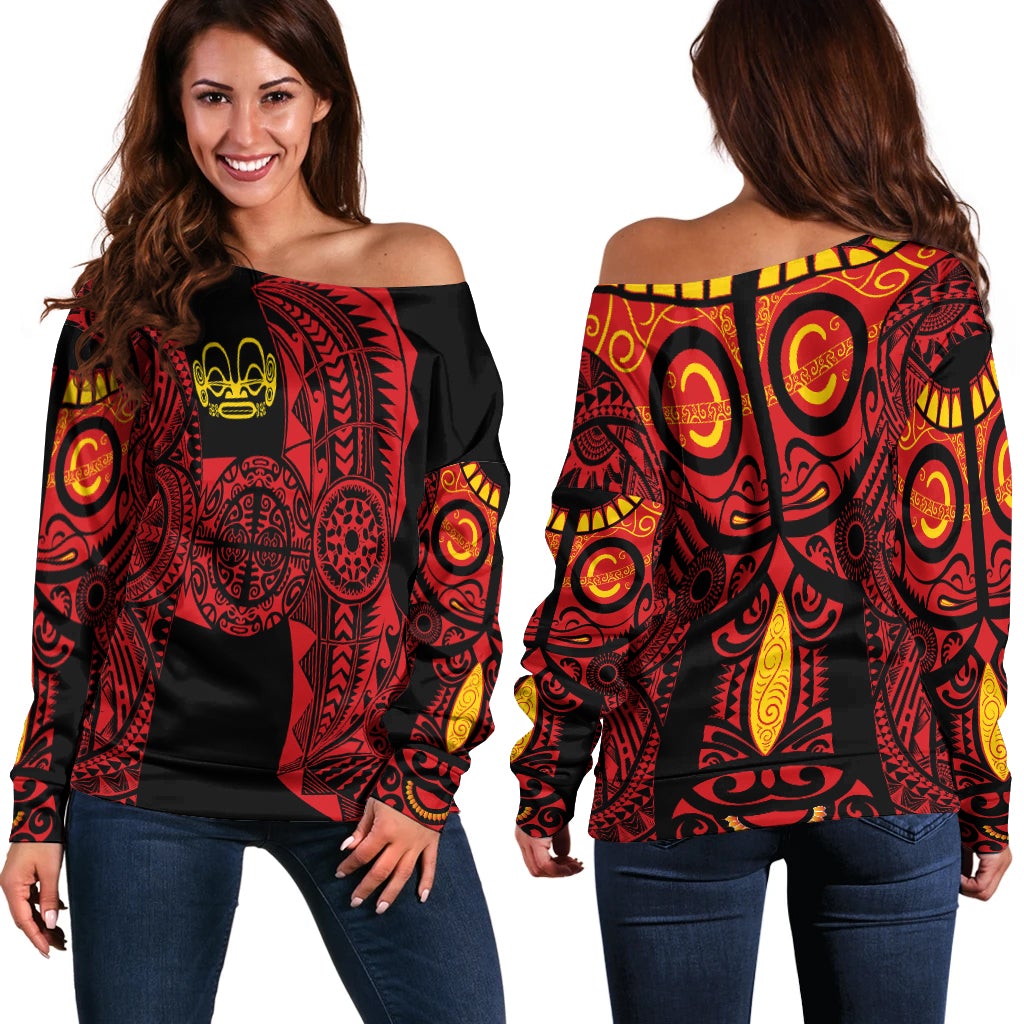 Off-shoulder long-sleeve top, red/yellow/black tribal tattoo print