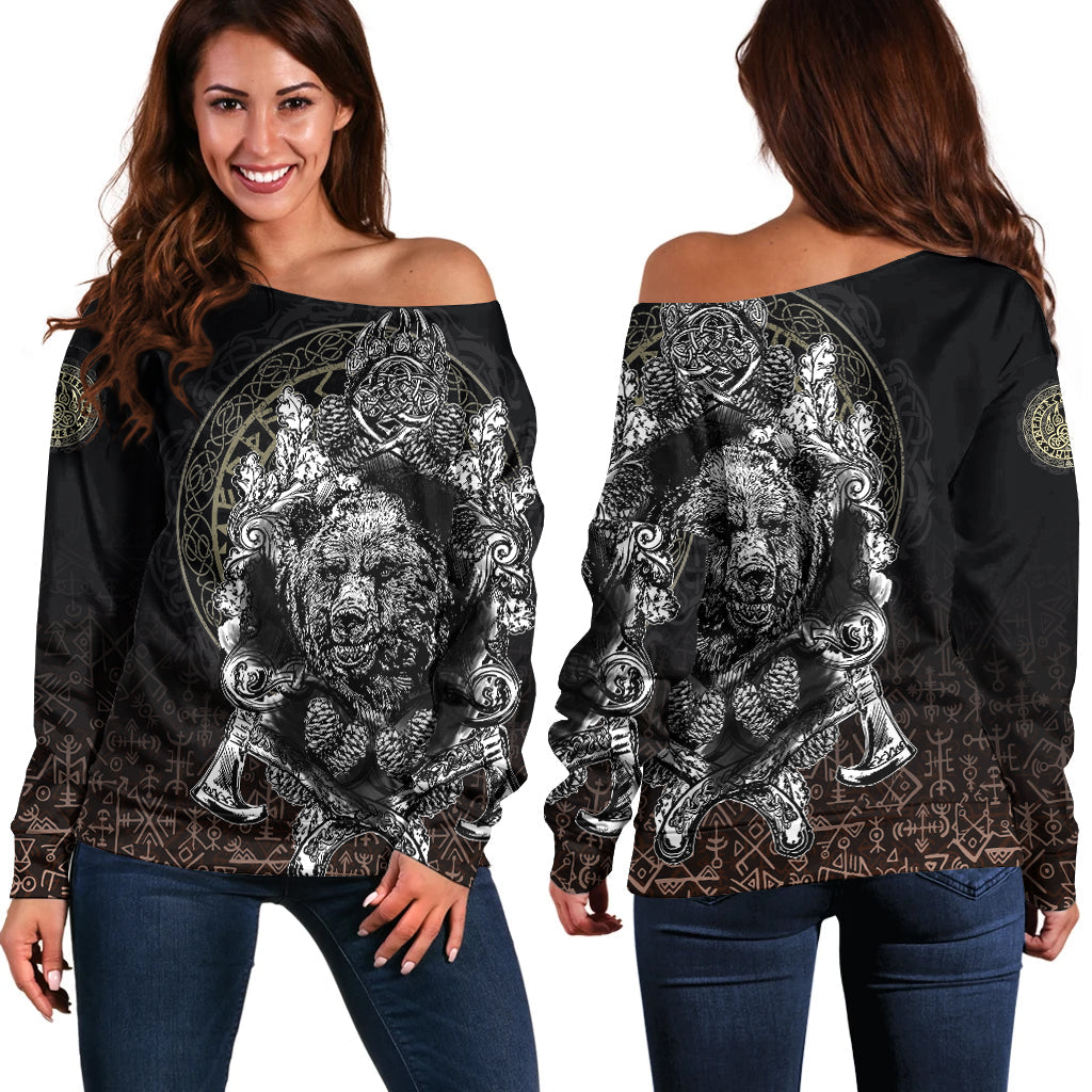Viking Women's Off Shoulder Sweater Bear Claws and Viking Hammer RLT12 - Wonder Print Shop
