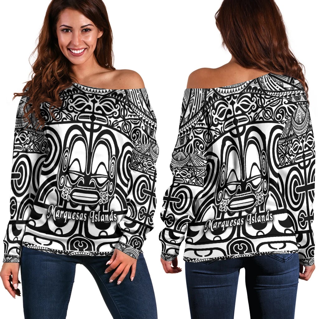 Women off-shoulder top with black-and-white tribal tattoo print, long sleeves