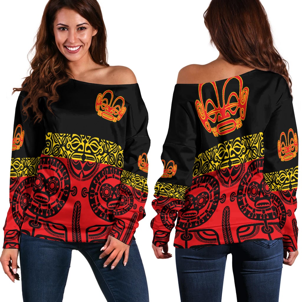 Women’s off-shoulder long-sleeve top, black with red and yellow tribal tattoo print