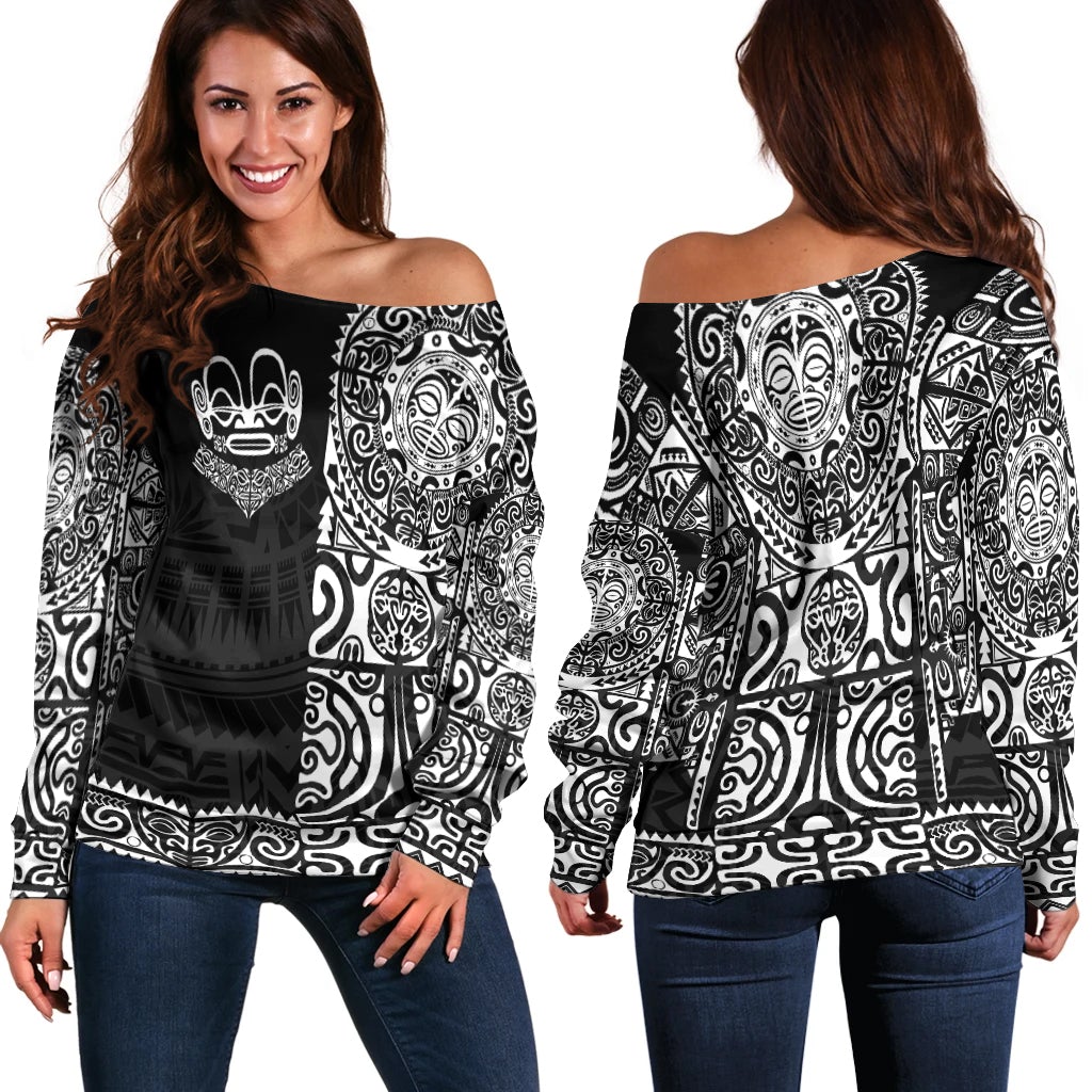 Women’s off-shoulder top, black with white tribal tattoo print, long sleeves
