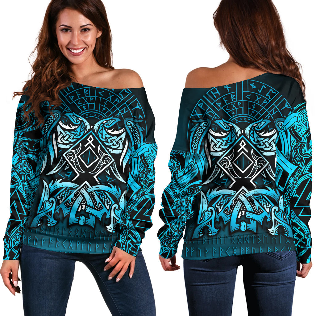 Viking Off Shoulder Sweater - Othala and Raven Blue RLT12 - Wonder Print Shop
