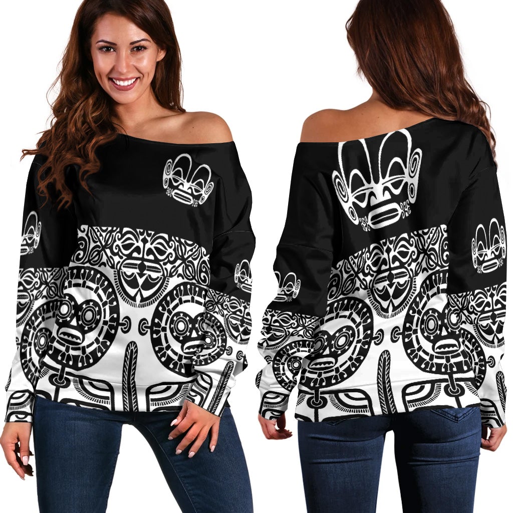 Women off-shoulder black long-sleeve top with white Polynesian tattoo print