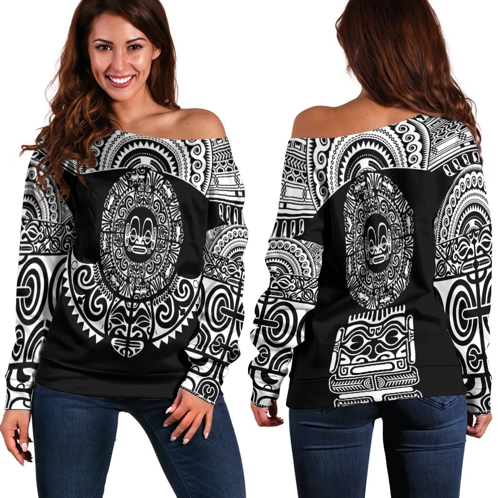 Women’s off-shoulder black top with Polynesian-style tribal tattoo print, long sleeves