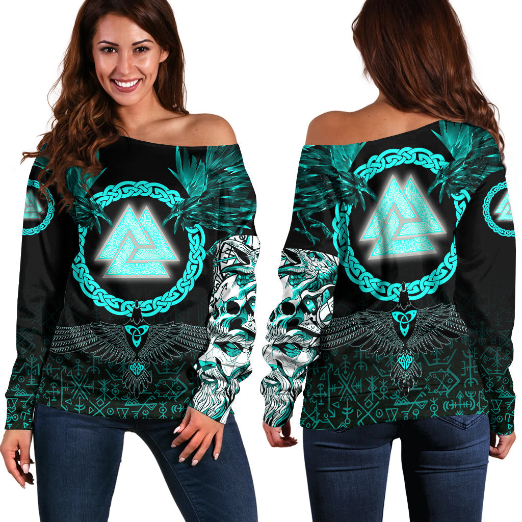 Viking Women's Off Shoulder Sweater Three Raven and Valknut Cyan RLT12 - Wonder Print Shop