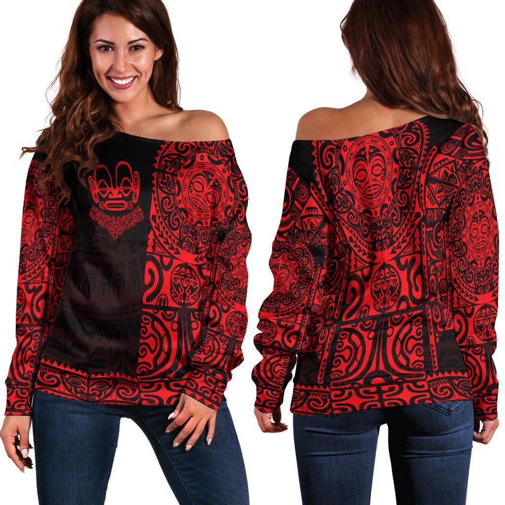 Women’s off-shoulder top with red tribal tattoo print, long sleeves
