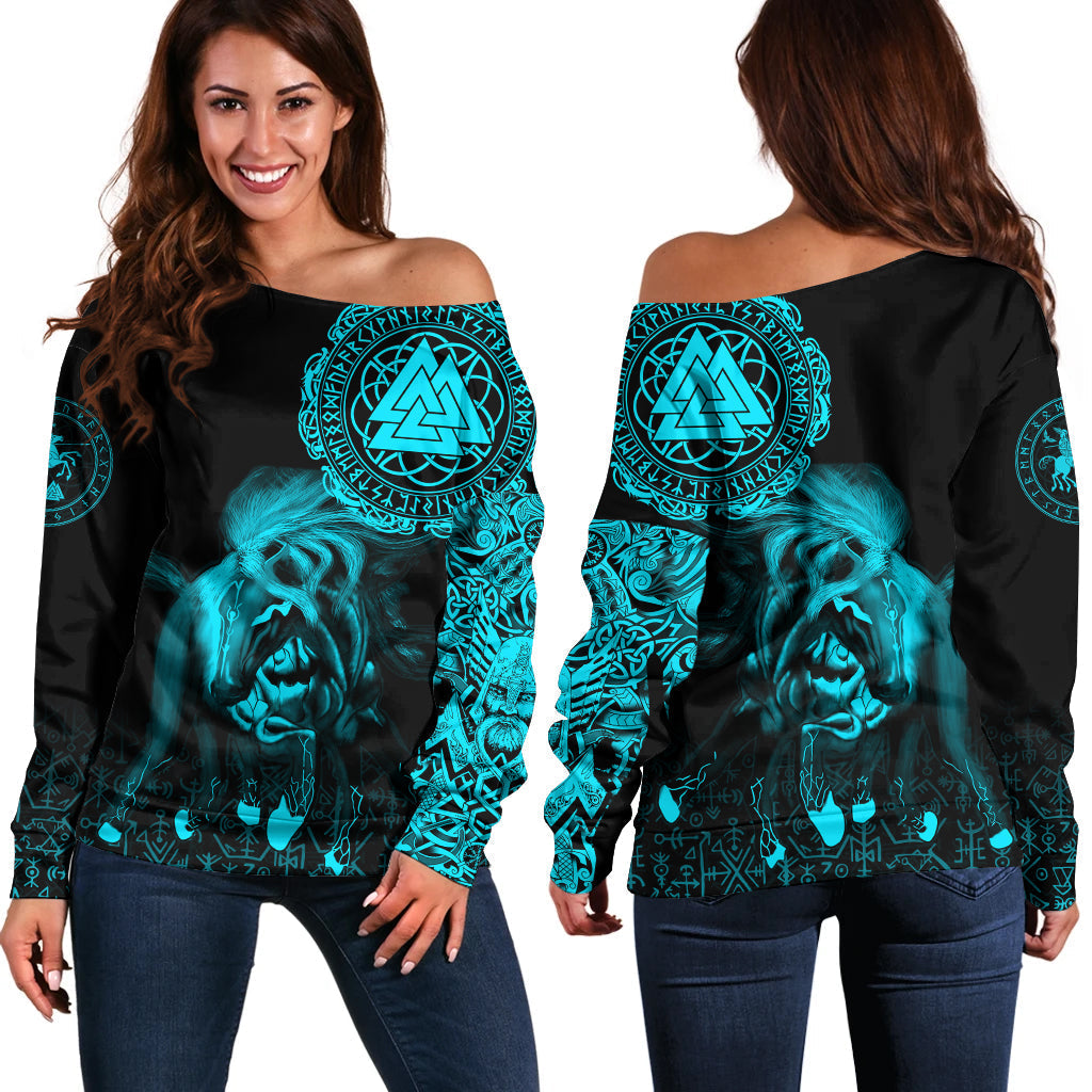 Viking Off Shoulder Sweater - Sleipnir Odin Cyan RLT12 - Wonder Print Shop