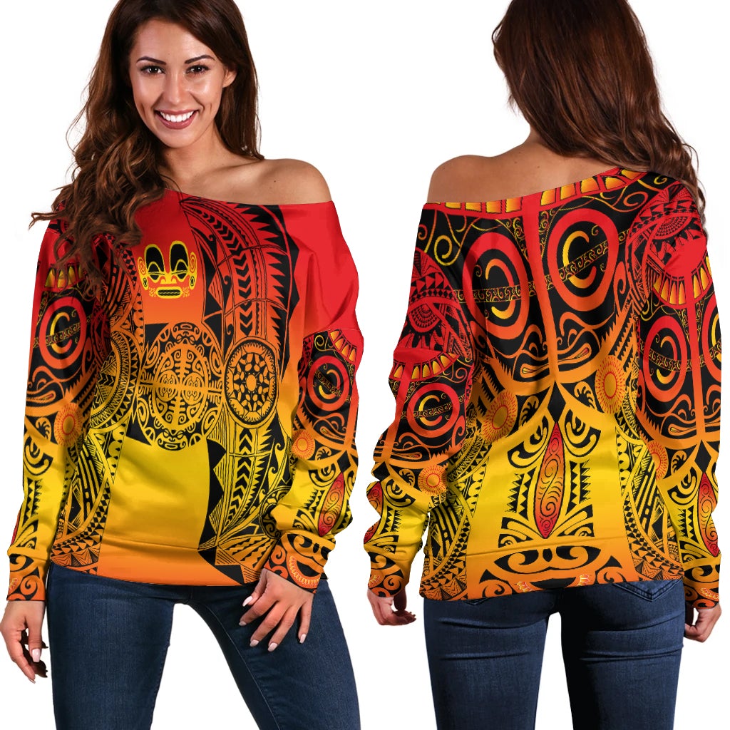 Women’s off-shoulder long-sleeve top in red with yellow and black tribal tattoo print