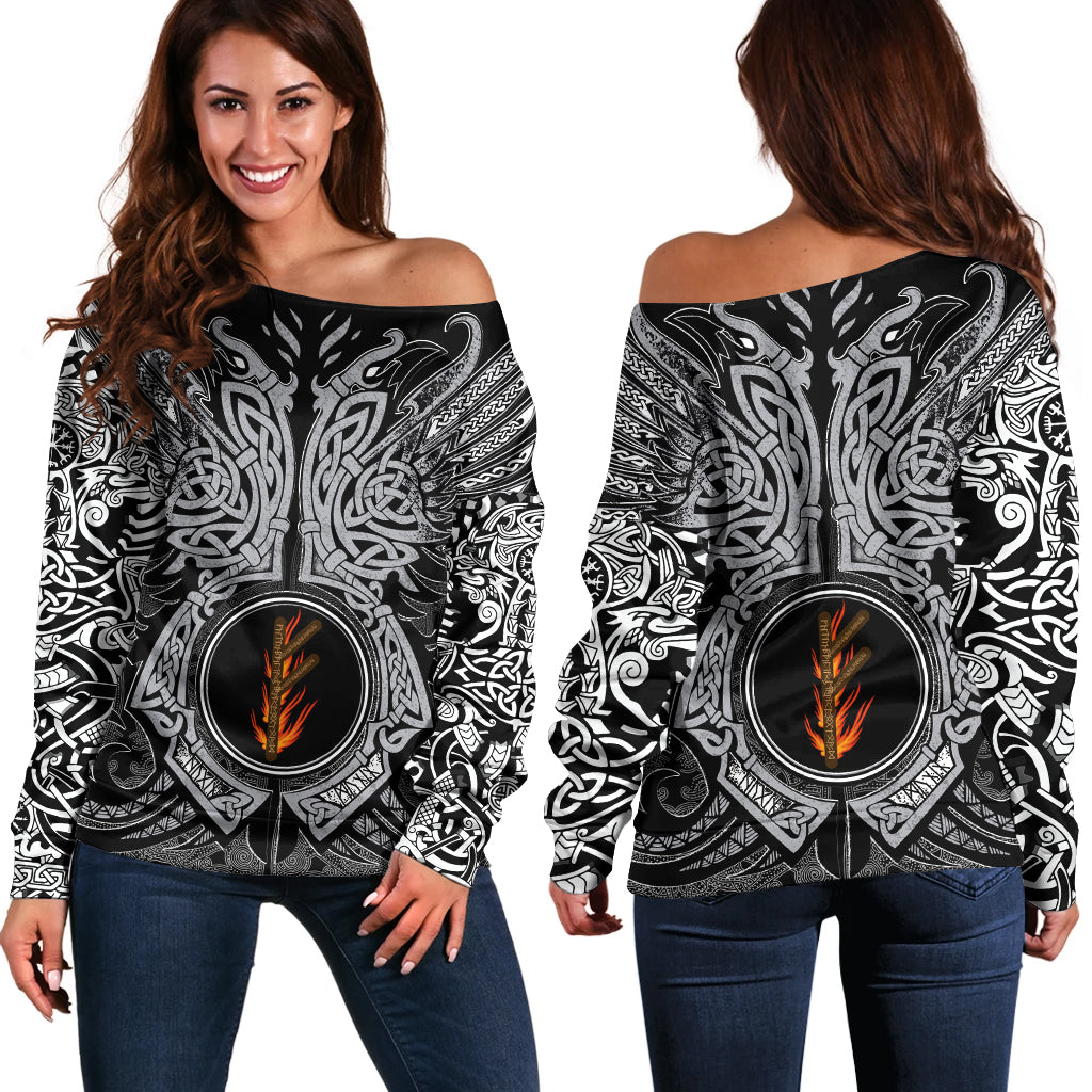 Viking Off Shoulder Sweater - Fehu Rune, Raven Tattoo RLT12 - Wonder Print Shop