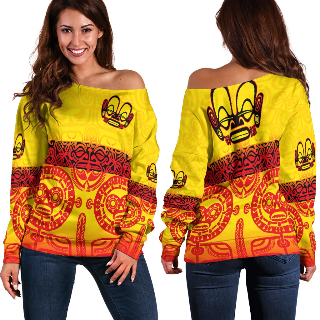 Women off-shoulder long sleeve top, gradient yellow with colorful Polynesian tattoo print
