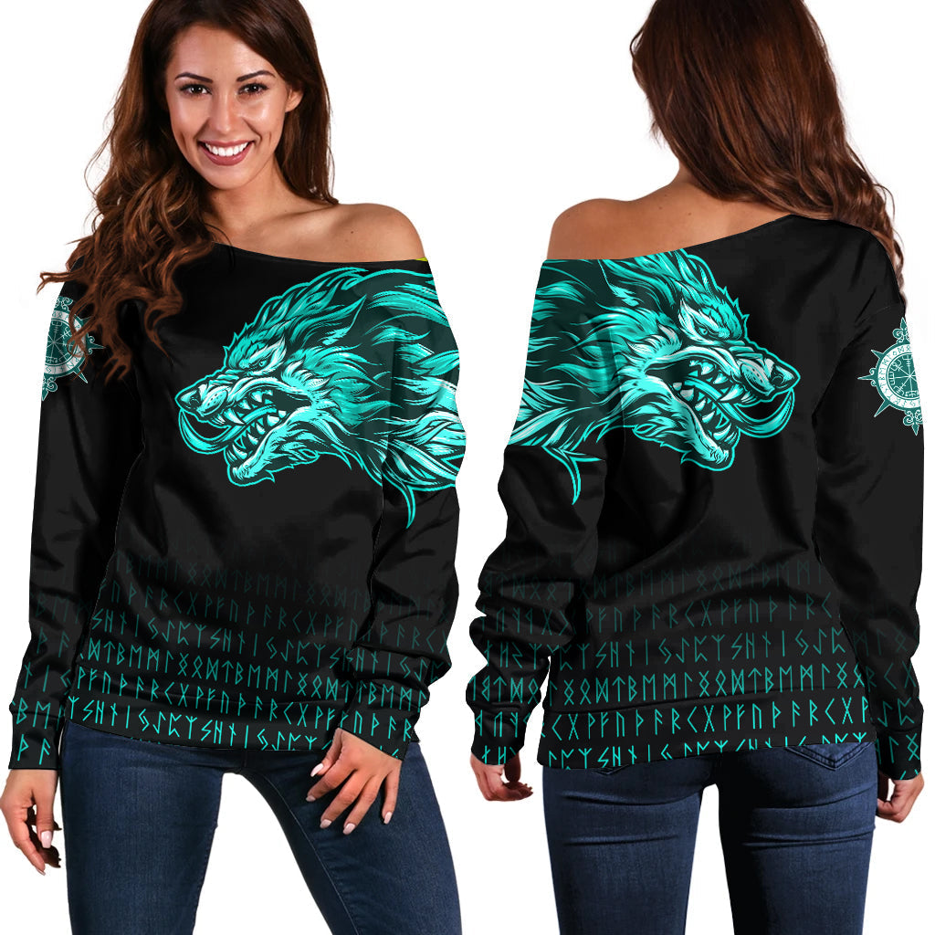 Viking Women's Off Shoulder Sweater Fenrir Wolf Cyan Near Shoulder RLT12 - Wonder Print Shop