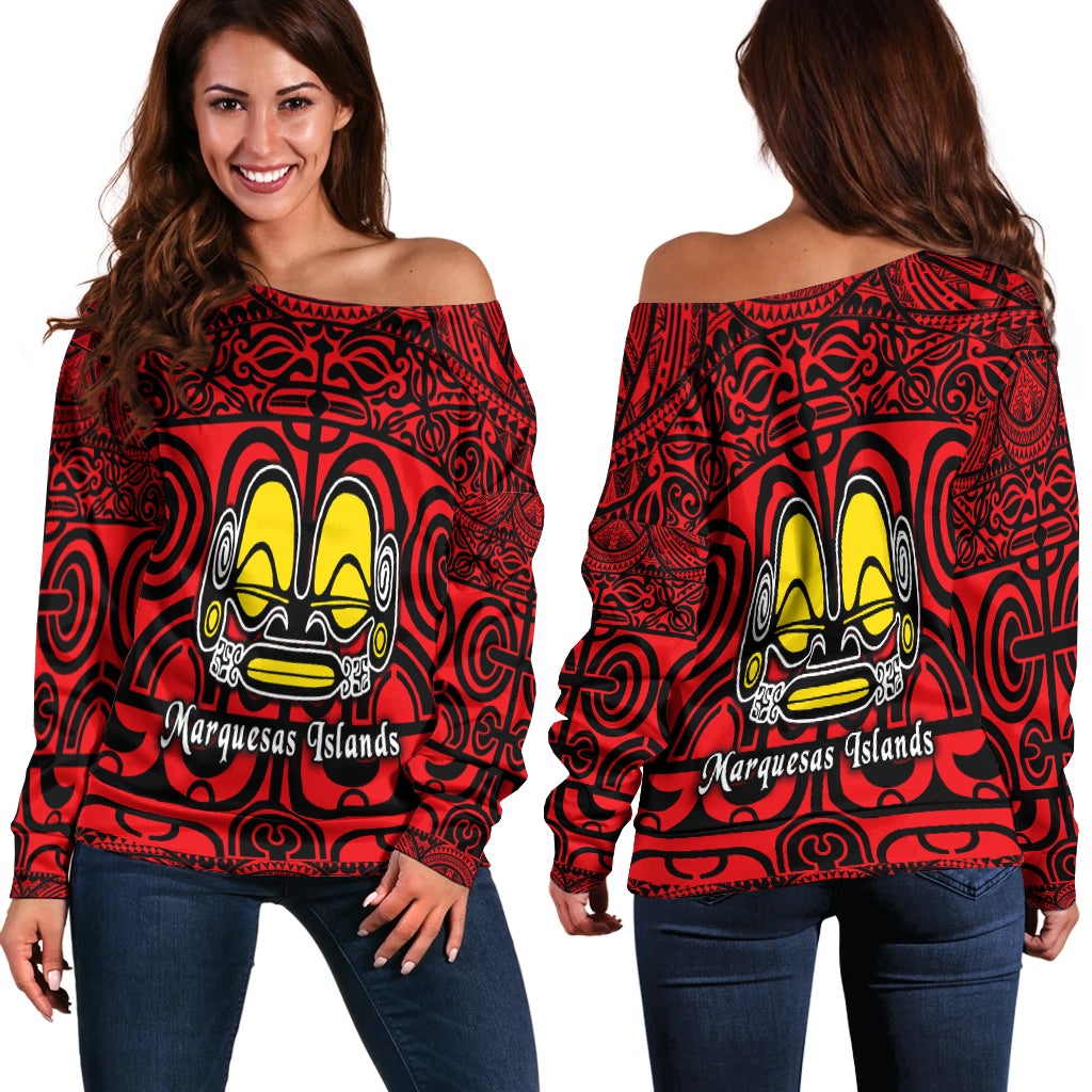 Women’s red off-shoulder top with Marquesan tattoo face graphic, long sleeves