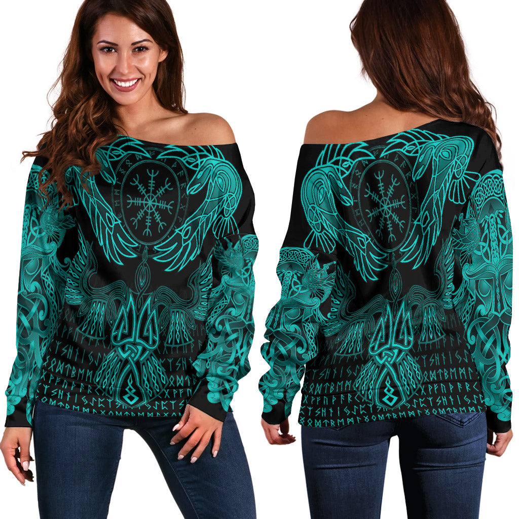 Viking Off Shoulder Sweater Raven Of Odin Cyan RLT12 - Wonder Print Shop
