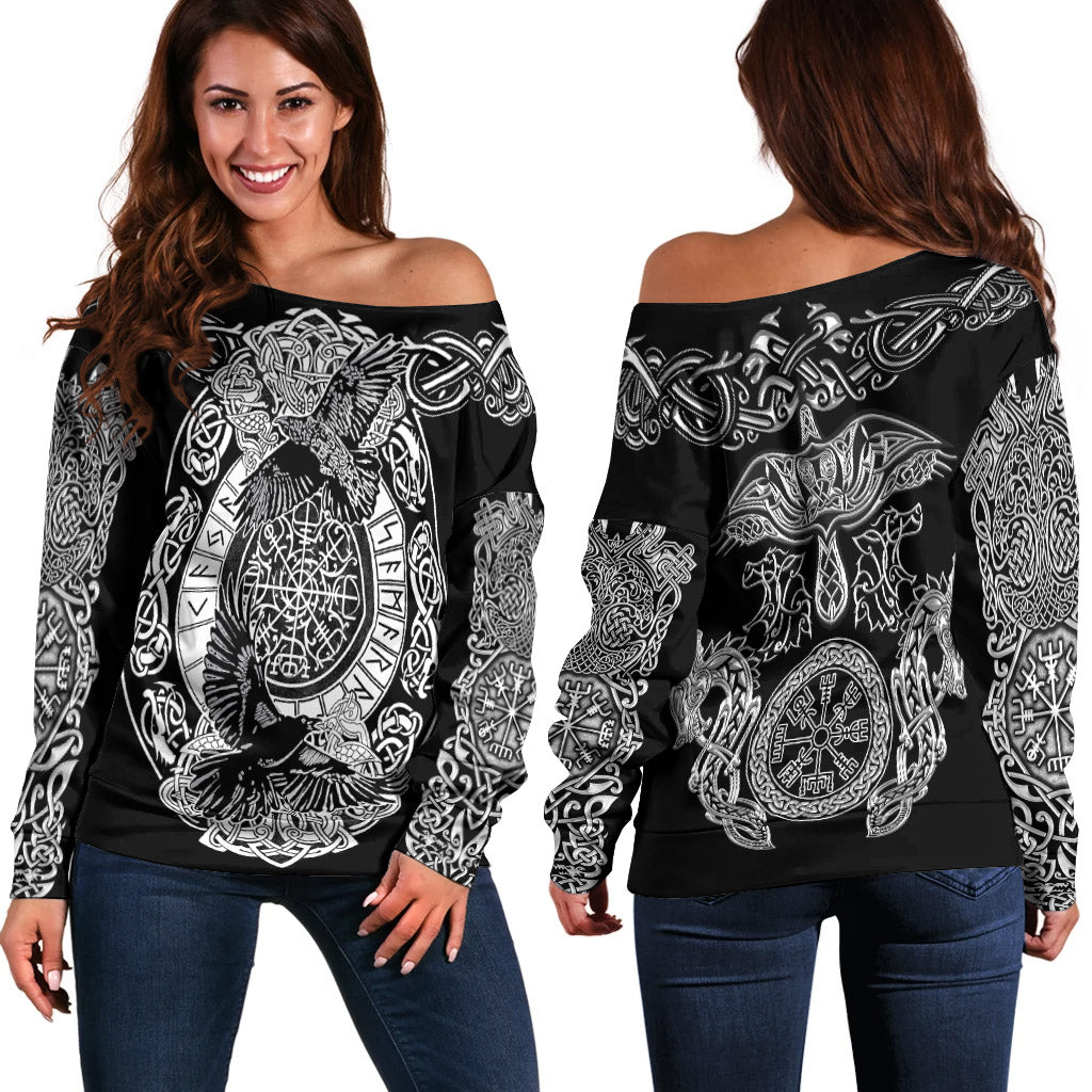 Viking Off Shoulder Sweater Raven and Wolf RLT12 - Wonder Print Shop