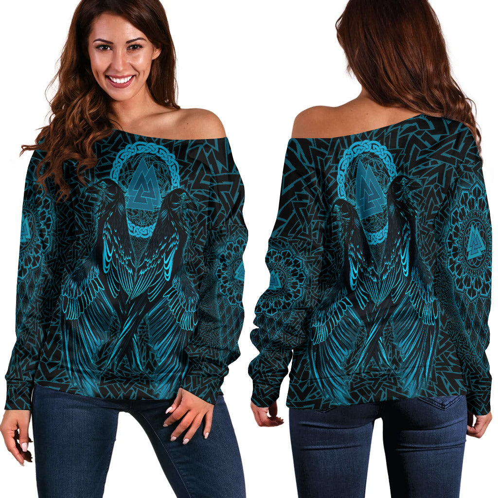 Viking Off Shoulder Sweater Raven Valknut Cyan RLT12 - Wonder Print Shop
