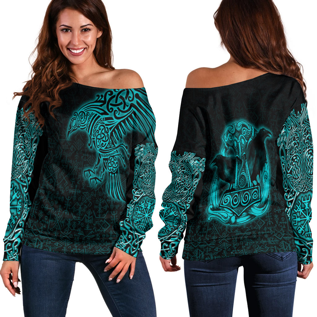 Viking Off Shoulder Sweater Raven Mjolnir Yggdrasil Cyan RLT12 - Wonder Print Shop