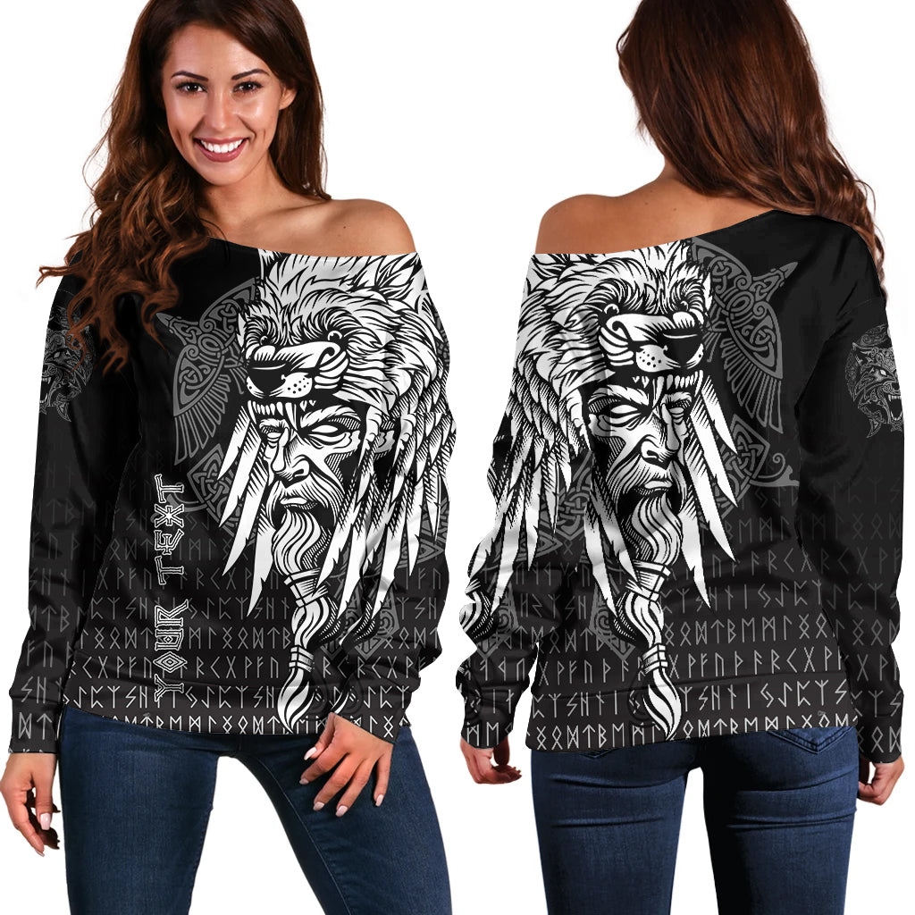 (Custom) Viking Women's Off Shoulder Sweater Odin Raven And Fenrir On Hand RLT12 - Wonder Print Shop
