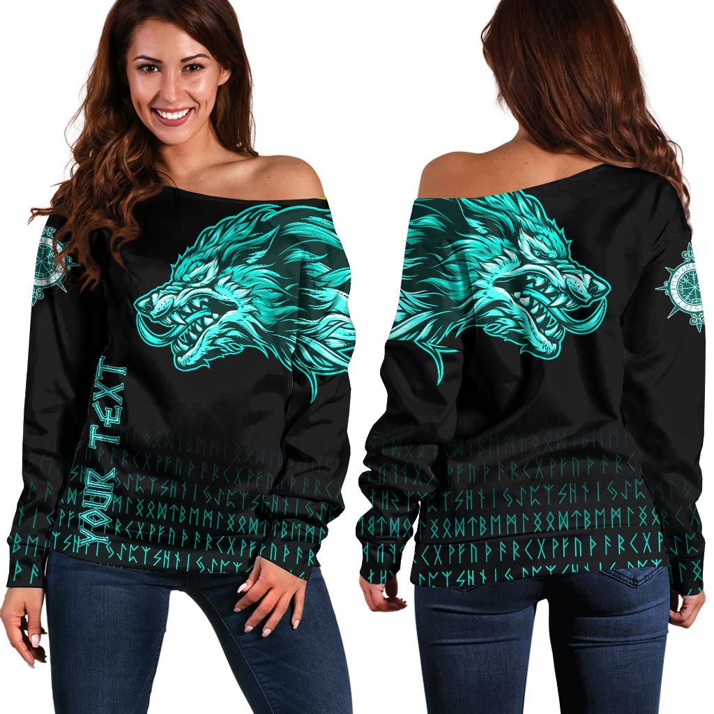 (Custom) Viking Women's Off Shoulder Sweater Fenrir Wolf Cyan Near Shoulder RLT12 - Wonder Print Shop