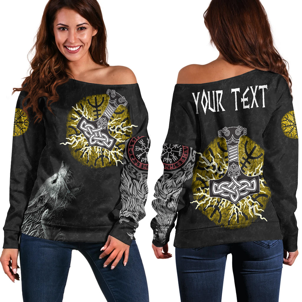 (Custom) Viking Women's Off Shoulder Sweater - Fenrir Fight Mjolnir Of Thor On Helm Of Awe RLT12 - Wonder Print Shop