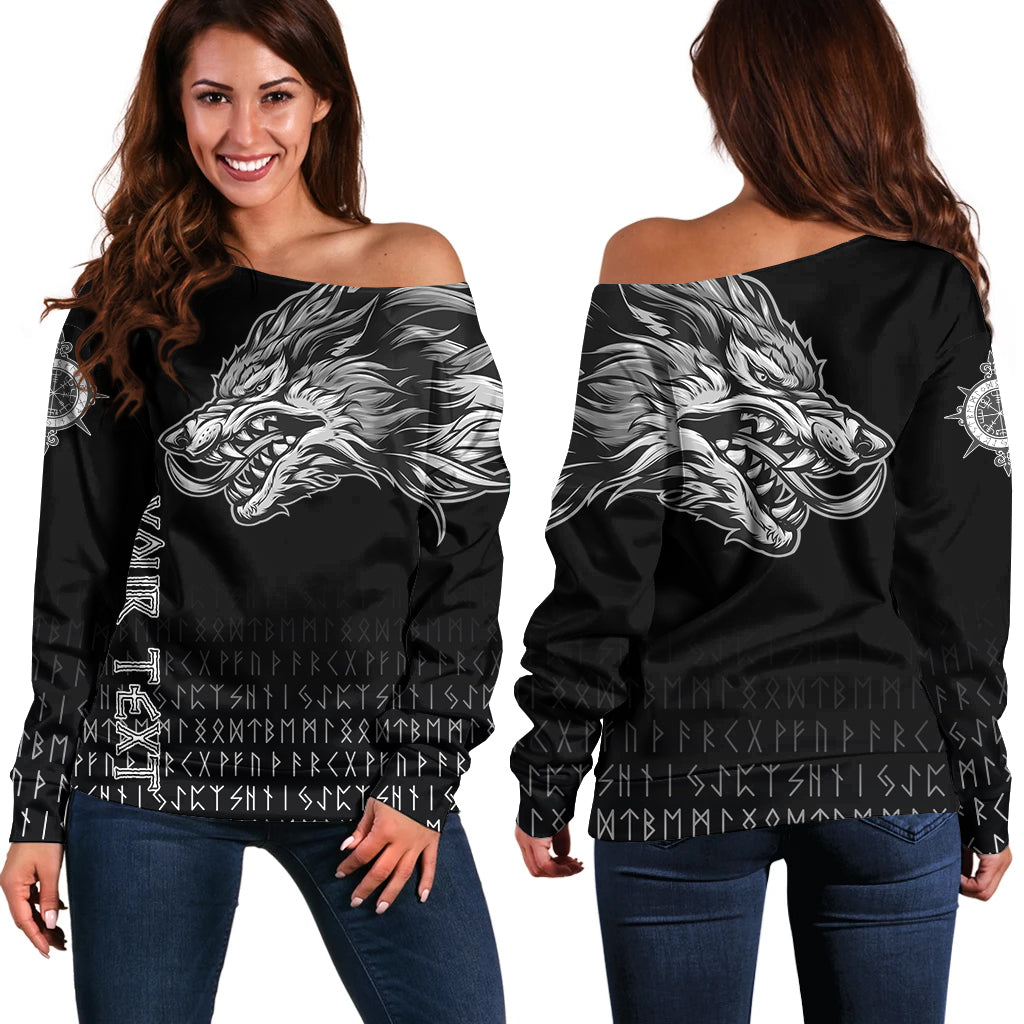 (Custom) Viking Women's Off Shoulder Sweater Fenrir Wolf Near Shoulder RLT12 - Wonder Print Shop