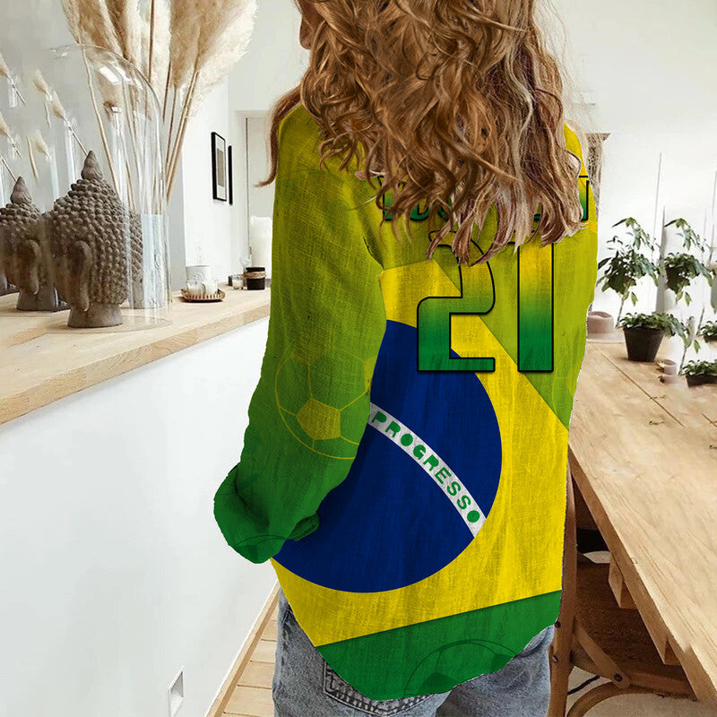 (Custom Personalised) Brasil Football Champions Flag With Soccer Ball Women Casual Shirt - Wonder Print Shop