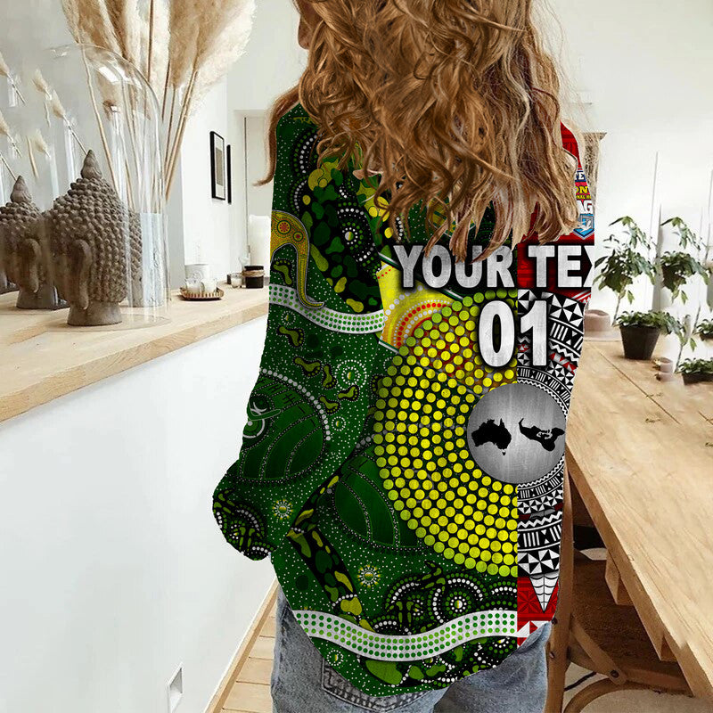 (Custom Personalised) Mate Ma'a Tonga Ngatu And Australia Kangaroos Aboriginal Woman Casual Shirt Rugby Together LT8 - Wonder Print Shop