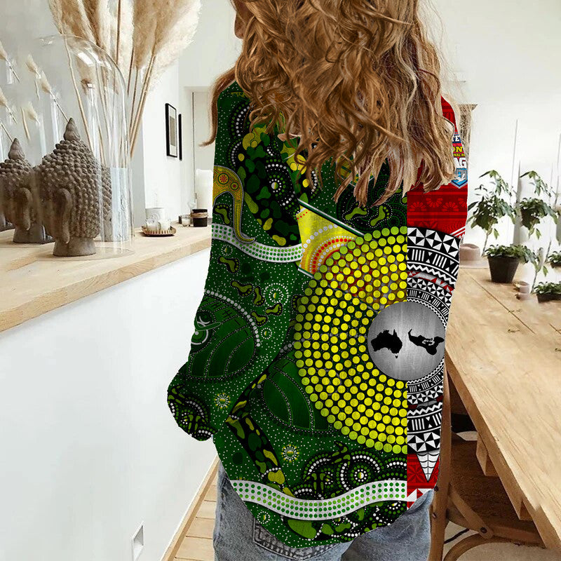 Mate Ma'a Tonga Ngatu And Australia Kangaroos Aboriginal Woman Casual Shirt Rugby Together LT8 - Wonder Print Shop