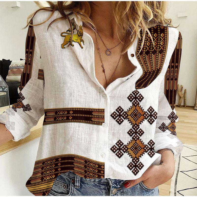 Ethiopia Women Casual Shirt Ethiopian Lion Of Judah Simple Tibeb Style - White LT8 - Wonder Print Shop