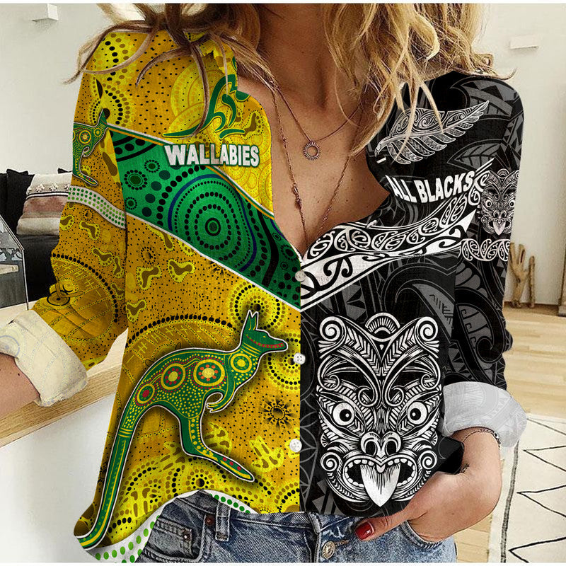 New Zealand Maori All Black And Australia Wallabies Aboriginal Woman Casual Shirt Rugby Together LT8 - Wonder Print Shop