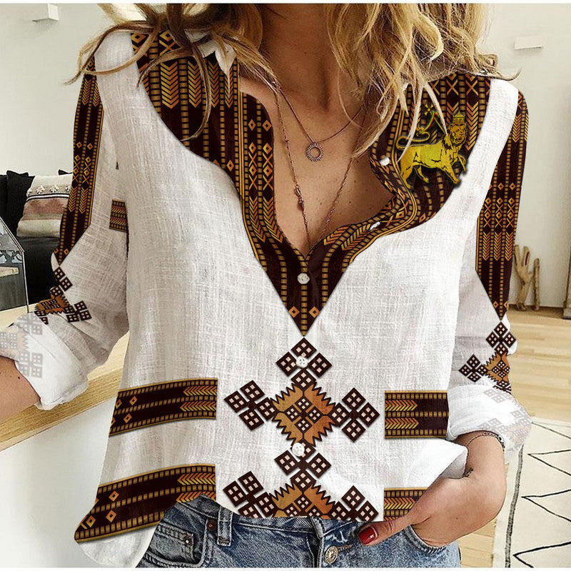 Ethiopia Women Casual Shirt Ethiopian Lion Of Judah Tibeb Vibes - White LT8 - Wonder Print Shop