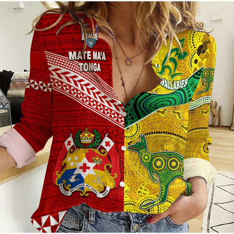 (Custom Personalised) Mate Ma'a Tonga Ngatu And Australia Wallabies Aboriginal Woman Casual Shirt Rugby Together LT8 - Wonder Print Shop