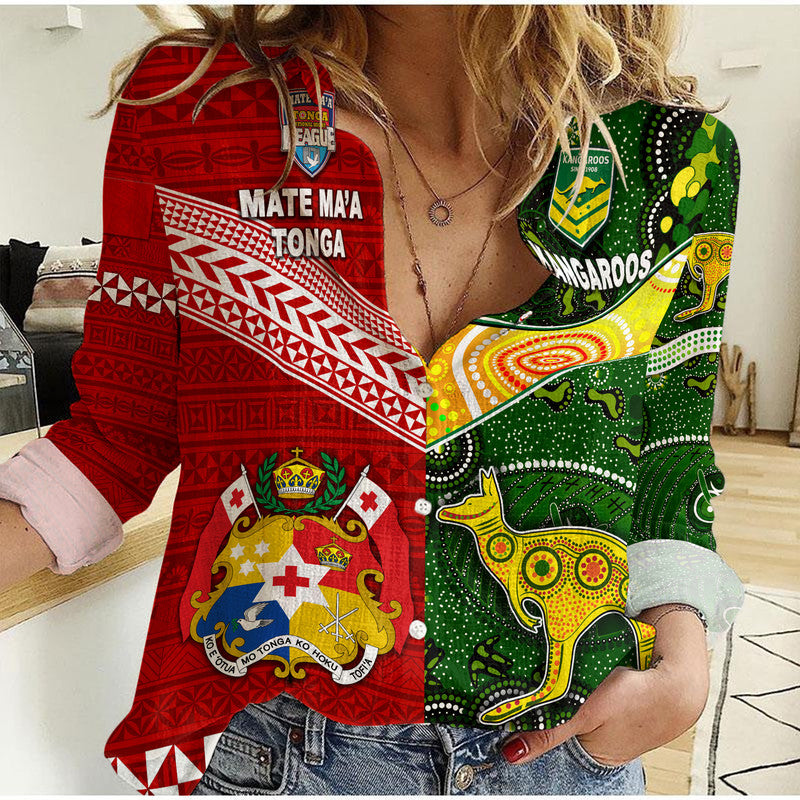 (Custom Personalised) Mate Ma'a Tonga Ngatu And Australia Kangaroos Aboriginal Woman Casual Shirt Rugby Together LT8 - Wonder Print Shop