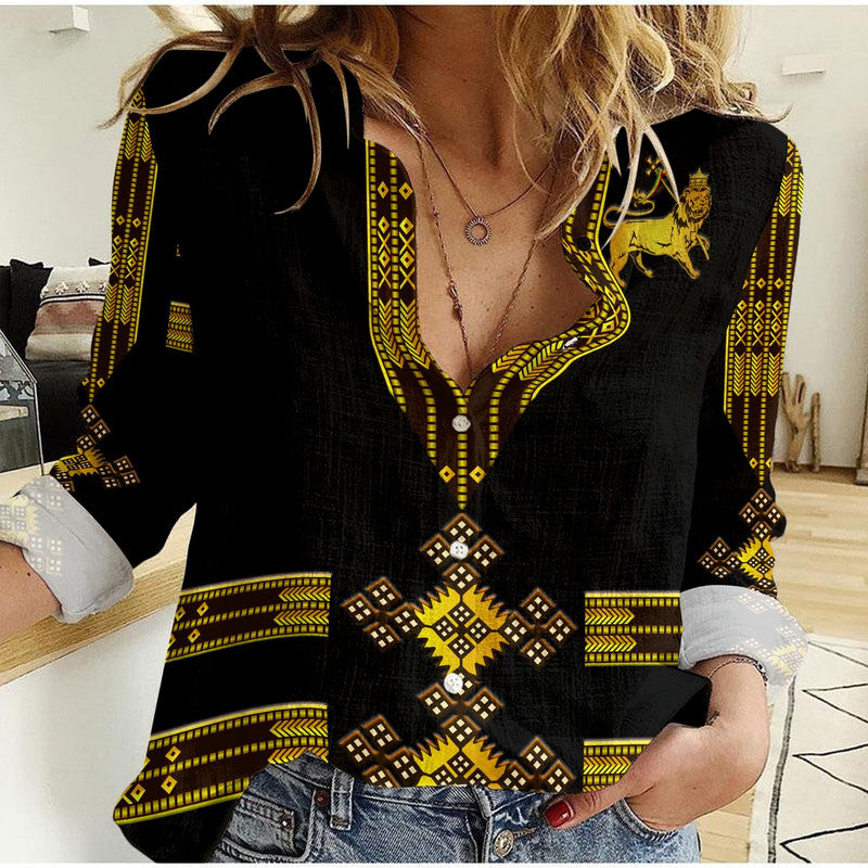 Ethiopia Women Casual Shirt Ethiopian Lion Of Judah Tibeb Vibes NO.1 Ver - Black LT8 - Wonder Print Shop