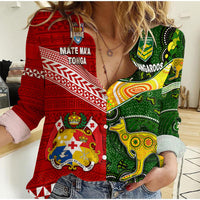 Mate Ma'a Tonga Ngatu And Australia Kangaroos Aboriginal Woman Casual Shirt Rugby Together LT8 - Wonder Print Shop