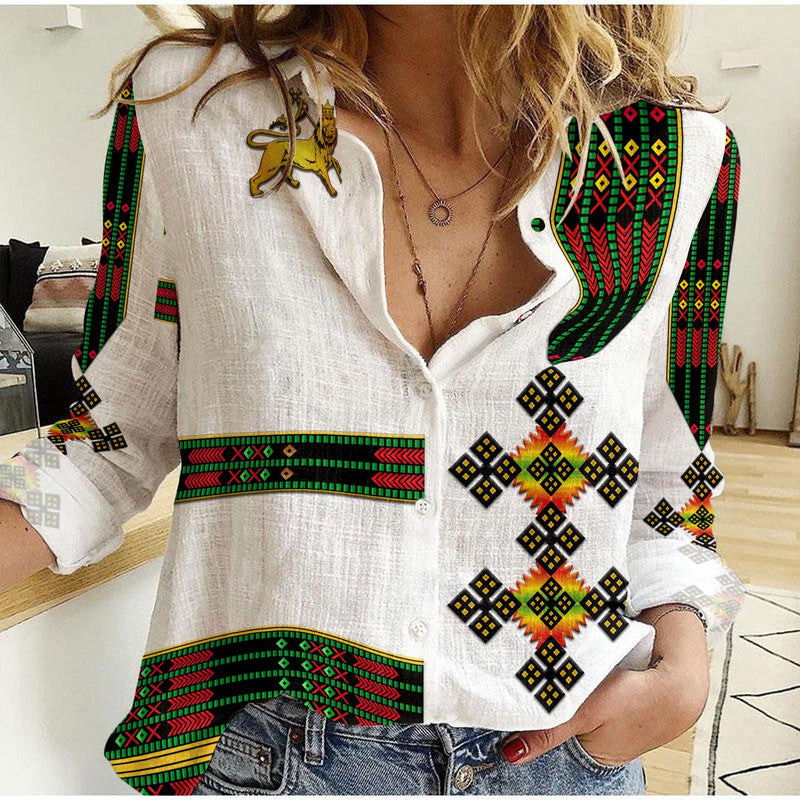 Ethiopia Women Casual Shirt Ethiopian Lion Of Judah Simple Tibeb Style - Flag Style LT8 - Wonder Print Shop