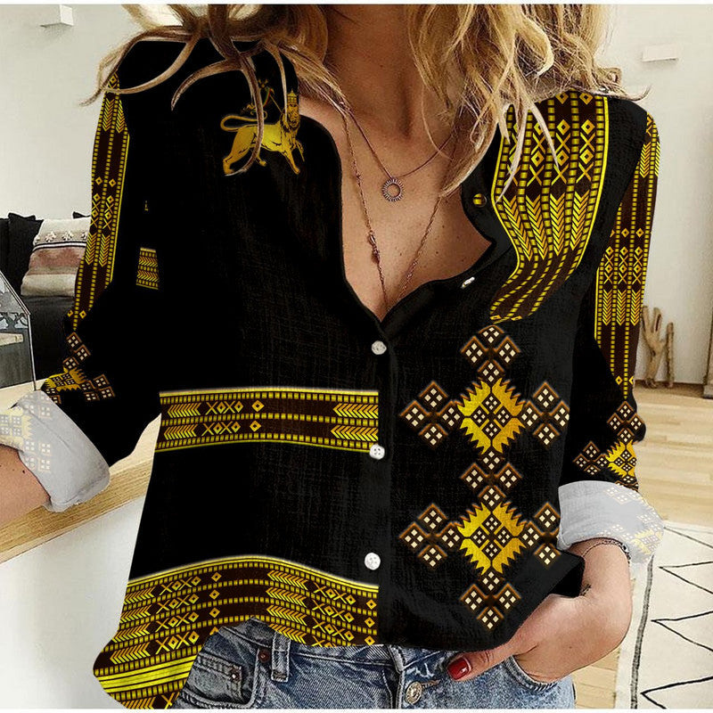 Ethiopia Women Casual Shirt Ethiopian Lion Of Judah Simple Tibeb Style - Black LT8 - Wonder Print Shop