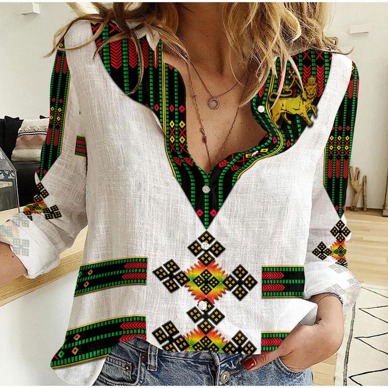 Ethiopia Women Casual Shirt Ethiopian Lion Of Judah Tibeb Vibes - Flag Style LT8 - Wonder Print Shop