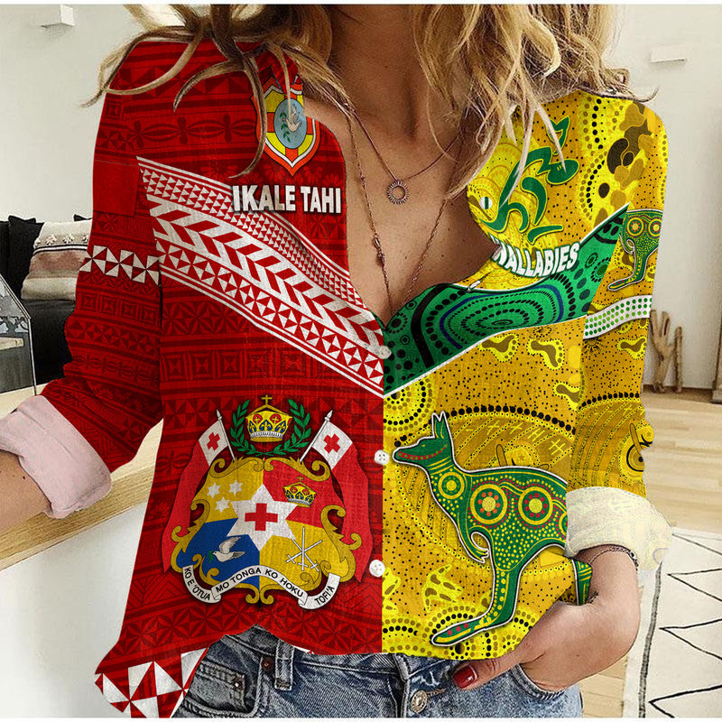 Tonga Ikale Tahi Ngatu And Australia Wallabies Aboriginal Woman Casual Shirt Rugby Together LT8 - Wonder Print Shop