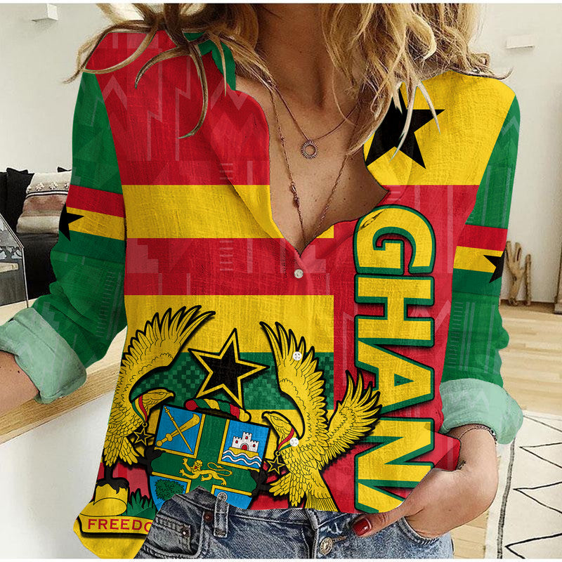 custom-personalised-ghana-football-flag-color-mixed-kente-pattern-women-casual-shirt