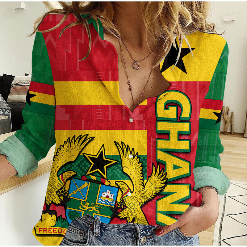 ghana-football-flag-color-mixed-kente-pattern-women-casual-shirt