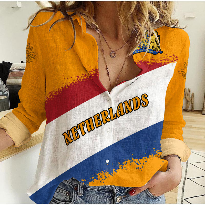 custom-personalised-netherlands-football-flag-style-women-casual-shirt