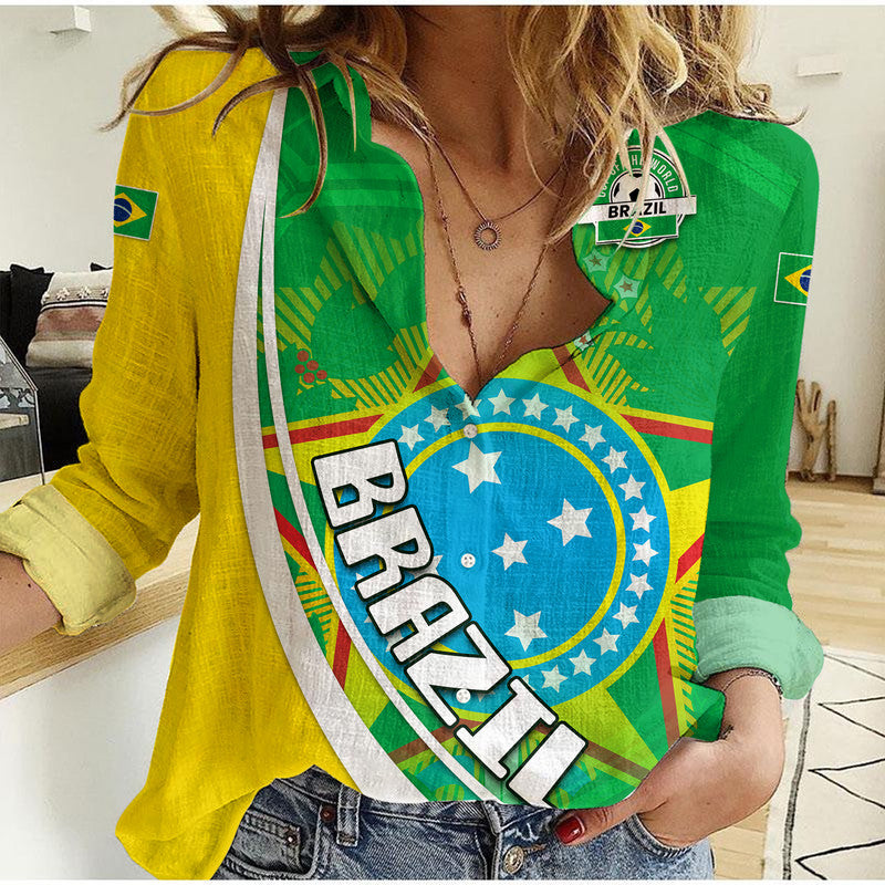 (Custom Personalised) Brazil Football Coat Of Arms Women Casual Shirt Canarinha Champions World Cup 2022 - Wonder Print Shop