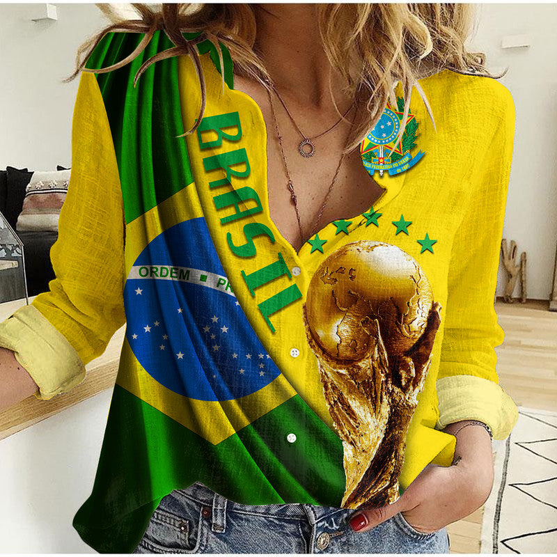 (Custom Personalised) Brasil Football Champions WC 2022 Women Casual Shirt - Wonder Print Shop